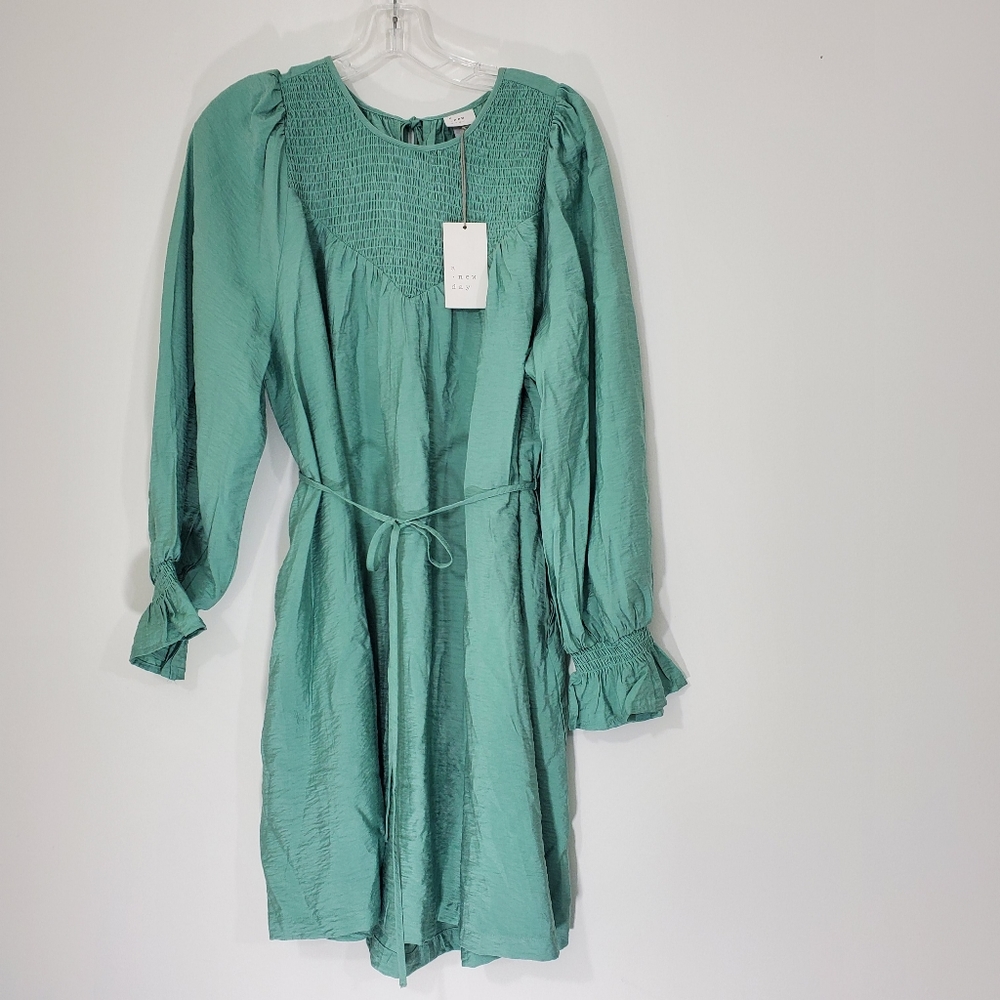 A New Day Green Long Sleeve Dress with Pockets, Size Medium